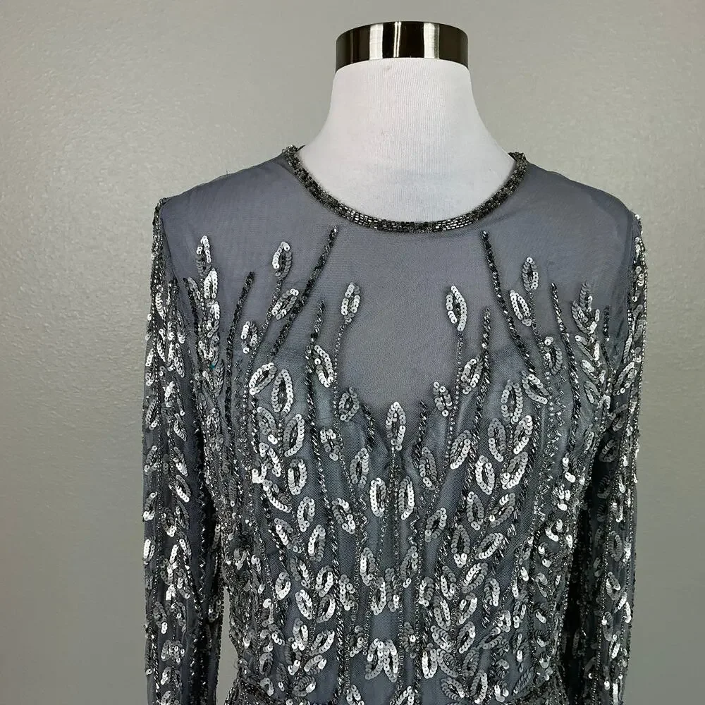 Mac Duggal 5644 Silver Column Evening Gown Sequined Long Sleeve Dress Size 6